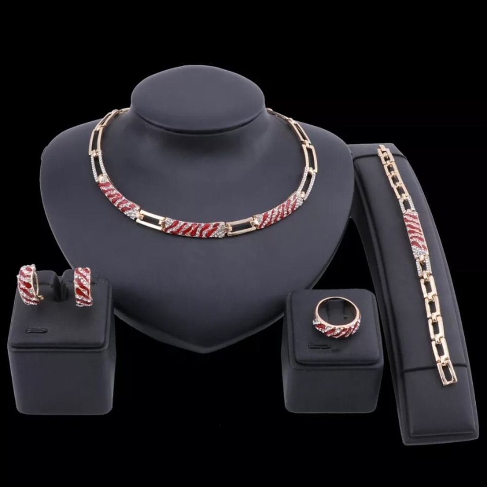 Crystal Red Enamel Necklace Bracelet Earring Ring Set